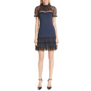 JONATHAN SIMKHAI Plisse Lace Illusion Mock Neck Dress in Blue Size XS